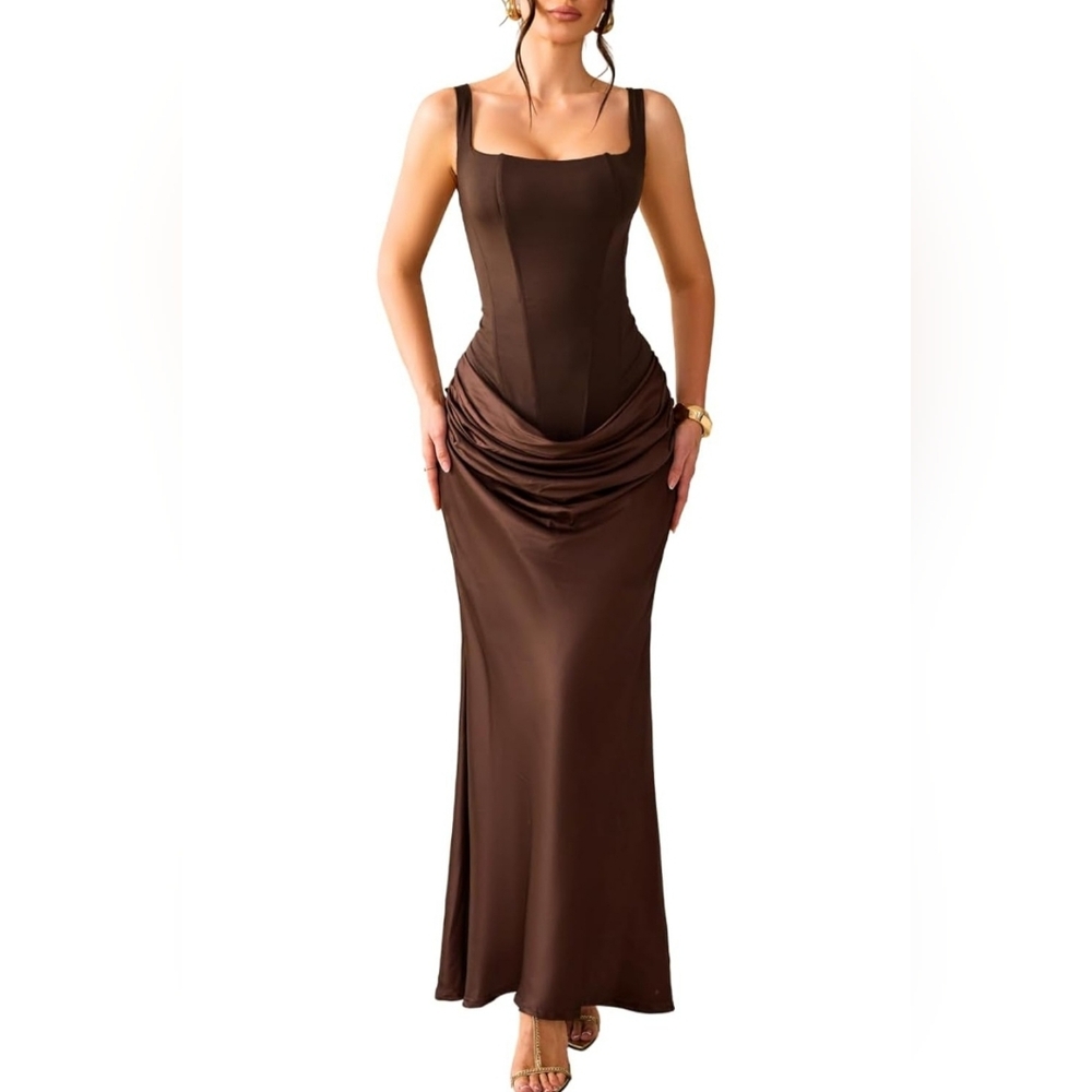 Elegant Brown Satin Lace-Up Dress - Picture 2 of 7